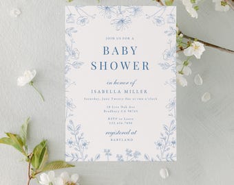 Blue Floral Invitation Digital Template Boy Shower Minimalist Design Botanical Baby Celebration Announcement Printable Card Cream Background