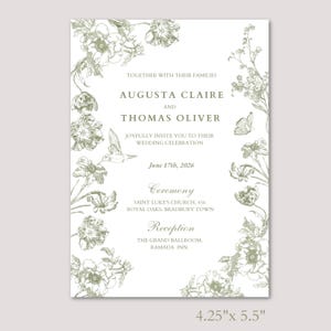 May include: A wedding invitation with a floral border and the names Augusta Claire and Thomas Oliver. The invitation is 4.25" x 5.5" and includes the wedding date, ceremony, and reception details. The design features botanical illustrations.
