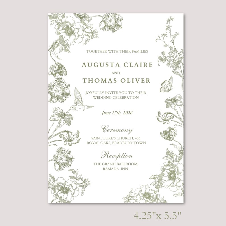 May include: A wedding invitation with a floral border and the names Augusta Claire and Thomas Oliver. The invitation is 4.25" x 5.5" and includes the wedding date, ceremony, and reception details. The design features botanical illustrations.