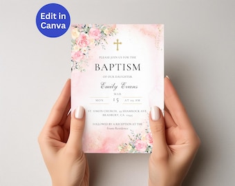 Plantilla de invitación de bautizo con flores rosas: 5x7 imprimible (Canva)