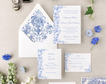 Blue Wedding Invitation Suite Design Elegant Stationery Chinoiserie Style Vintage Paper Navy Card Rsvp Set Bridal Package Classic Collection