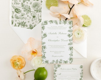 Botanical Wedding Invitation Suite Design Elegant Stationery Green Floral Garden Theme Vintage Style Nature Inspired Rustic Card Sage