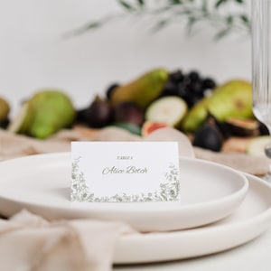 May include: A white place card with the text "Table 1" and "Alice Botch" in elegant script, framed by delicate floral illustrations. The card rests on a white plate, with a blurred background of fruit and greenery, suggesting a wedding or event setting.