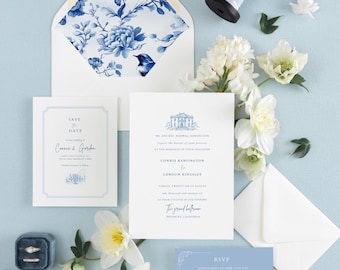 Blue Chinoiserie Invitation Digital Template Wedding Suite Printable Design Elegant Stationery Floral Garden Ceremony Classic Announcement