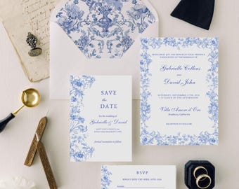 Blue Chinoiserie Invitation Suite Design Wedding Stationery Set Calligraphy Elegant Card Template Floral Pattern Vintage Style Announcement