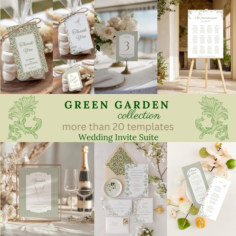 Sage Wedding Invitation Suite Digital Template Bundle Botanical Wedding Collection Elegant Green Design Printable Stationery Set Complete Wedding Package Customizable Canva Templates Wedding Planning Essential Modern Minimalist Style