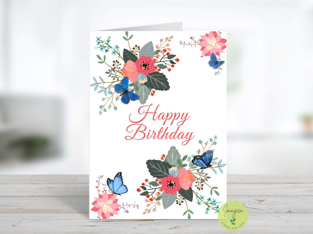 Happy Birthday Printable Card, Flower Birthday Greeting Card, Foldable ...