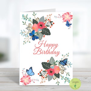 Biglietto stampabile di buon compleanno, biglietto d'auguri di compleanno con fiori, biglietto pieghevole 5x7, busta A7 gratuita inclusa