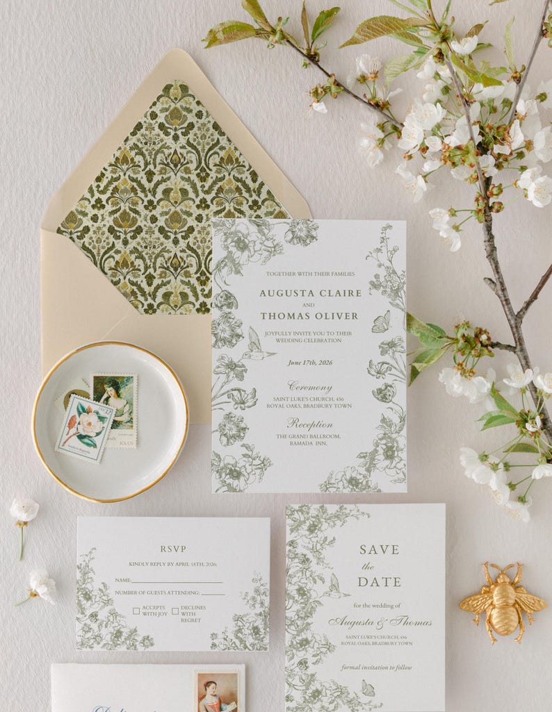 May include: Wedding invitation suite with floral design in green and white. Includes invitation, RSVP card, and save-the-date card. An envelope with a patterned interior and a decorative bee are also present. The invitation reads "Augusta Claire and Thomas Oliver".