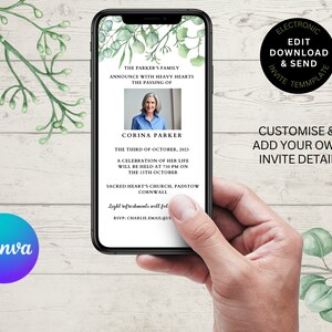 Electronic funeral invitation editable template digital download evite memorial service in Canva