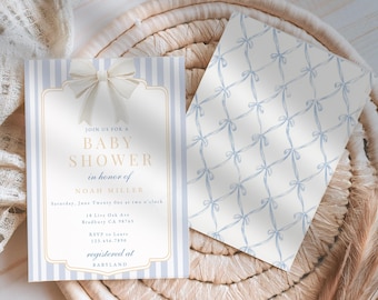 Blue Baby Invitation Template Design Teddy Bear Themed Celebration Digital Download Customizable Boy Shower Card Printable Elegant