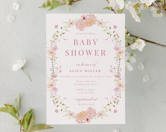 Floral Baby Invitation Template Digital Printable Design Feminine Card Shower Pink Wreath Invite Girl Celebration Announcement Peach Flower