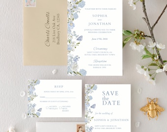 Digital Blue Wedding Invitation Template Bridal Shower Floral Invite Anniversary Gift Hydrangea Save the Day Invitation