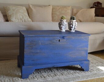 Antica Cassapanca in Legno Massello Baule Vintage Tavolino Basso da Salotto caffe caffè Blu Wood Coffee Table Basse Boi Old Chest