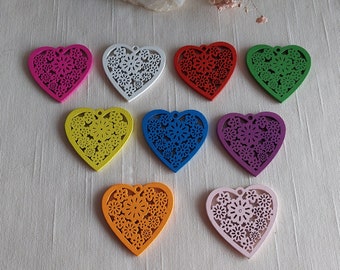 Wooden heart - pendant / large / filigree / flat / various colours