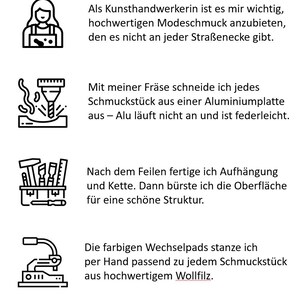 May include: Image with text in German describing the creation of handmade jewelry. The text explains the process, from cutting aluminum plates to hand-stamping colorful felt pads for each piece.