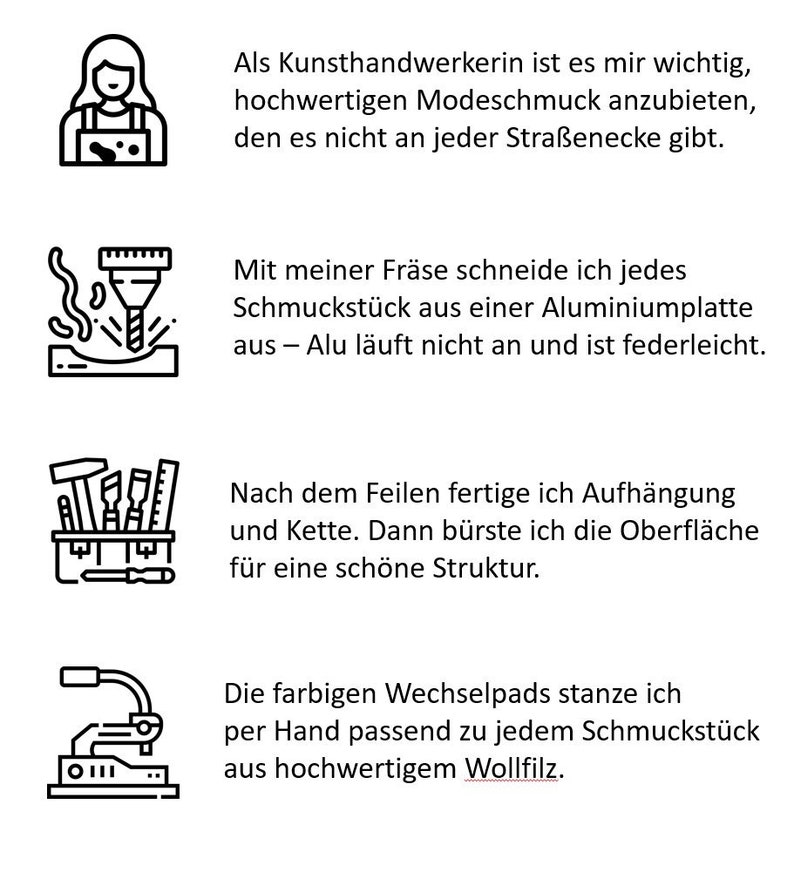 May include: Image with text in German describing the creation of handmade jewelry. The text explains the process, from cutting aluminum plates to hand-stamping colorful felt pads for each piece.