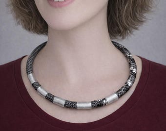 Minimalist necklace made of sailing rope. Nautical jewelry in black, white, and grey. Goes with almost anything. Item No. SF-SG-SWH