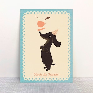 Postal ¡Levante sus tazas! Perro salchicha // Pintura ecológica de papel reciclado
