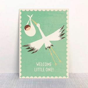 Postkarte Welcome little One! grün // Recyclingpapier Ökofarbe Baby Storch