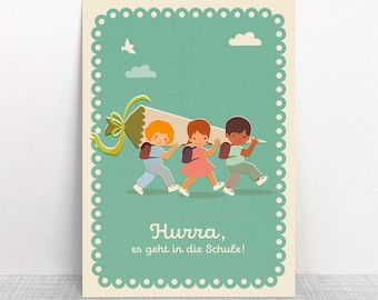 Tarjeta postal para niños que empiezan el colegio | "¡Hurra, nos vamos al colegio!" | Cartón de pulpa de madera mixta con certificación FSC