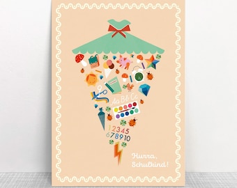 Postcard for the first day of school, school cone collage | "Hooray, schoolchild!" | FSC Mix wood pulp board