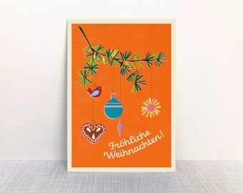 Postkarte Tannenzweig orange // Recyclingpapier Ökofarbe