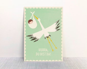 Postkarte Hurra, du bist da! // Recyclingpapier Ökofarbe Baby Storch