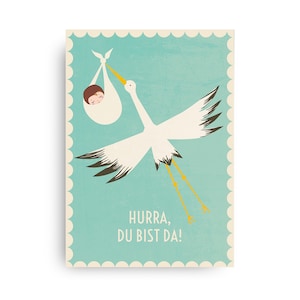 Carte postale Hourra, vous êtes là ! bleu // papier recyclé éco peinture bébé cigogne