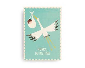 Postkarte Hurra, du bist da! blau // Recyclingpapier Ökofarbe Baby Storch