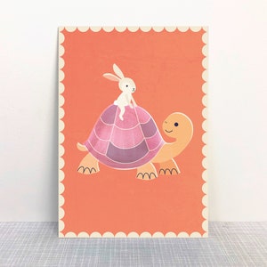 Carte postale Dépêchez-vous avec une tortue lapin // papier recyclé imprimé avec de l'encre écologique