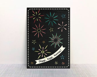 Postkarte Hipp hipp hurra // Recyclingpapier Ökofarbe Geburtstag Feuerwerk