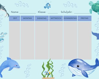 Vorlage Stundenplan, Vorlage PDF, digitale Vorlage, Stundenplan Meerestiere