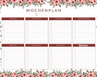 Vorlage Wochenplaner, Vorlage PDF, digitale Vorlage, Wochenplan Blumen