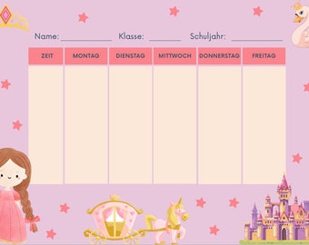 Vorlage Stundenplan, Vorlage PDF, digitale Vorlage, Stundenplan Prinzessin