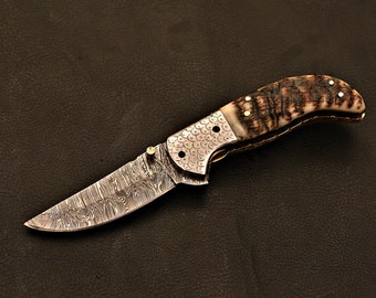 Handmade Damascus Steel Folding knife With Leather Sheath