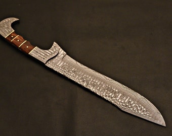 Handmade Damascus Falcon Bowie Knife: Rosewood Handle, Leather Sheath