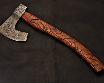 Handmade Damascus Steel Axe Engrave Handle / Tomahawk / Hatchet / Axe With Rose Wood