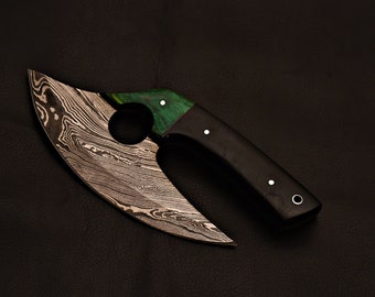 Handmade Damascus Steel Ulu  Knife With Green Wood & Black Micarat Handle