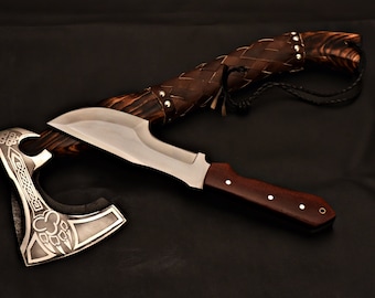 Handmade Axe and Tracker Knife Set: Ash Wood Handle, Leather Sheath