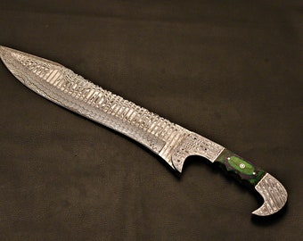 Handmade Damascus Falcon Bowie Knife: Outdoor Camping, Leather Sheath