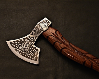 Handmade Viking Axe: Etched Carbon Steel Blade, Rose Wood Handle