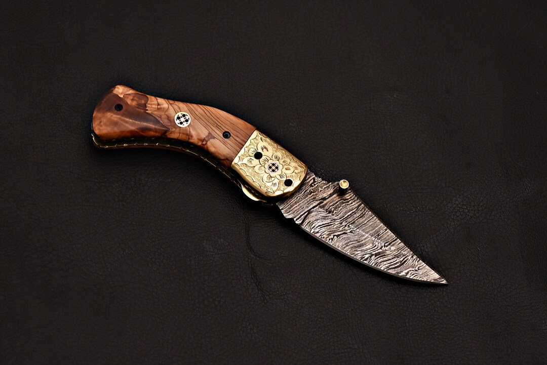 Handmade Damascus Steel Folding Knife With Leather Sheath - Etsy