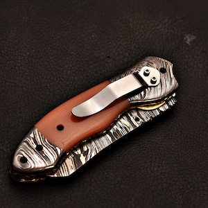 Handmade Damascus Steel Pocket Knife with G - 10 Handle Scale Orange