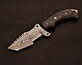 Handmade Damascus Steel Tracker Knife With Gray Wood Handle