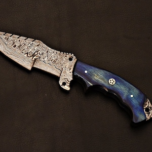 Handmade Damascus Steel Tracker Knife With Blue Wood Handle