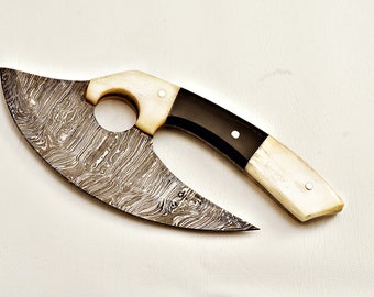 Handmade Damascus steel Ulu knife with bone and buffalo horn