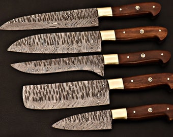 Handmade Damascus Steel Chef Knife Set: Rosewood Handle, Leather Roller
