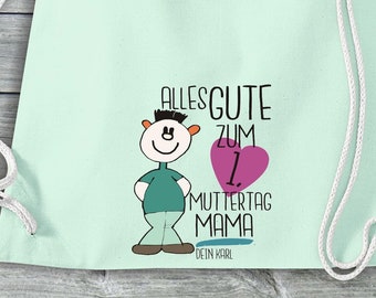 Turnbeutel "Alles Gute zum 1. Muttertag Mama mit Wunschname" Jute Beutel Geschenk Gymsack Tasche Rucksack