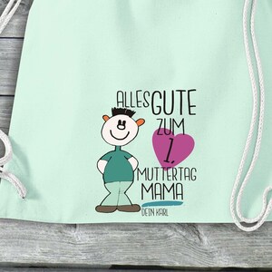 Turnbeutel Alles Gute zum 1. Muttertag Mama mit Wunschname Jute Beutel Geschenk Gymsack Tasche Rucksack Pastellmint